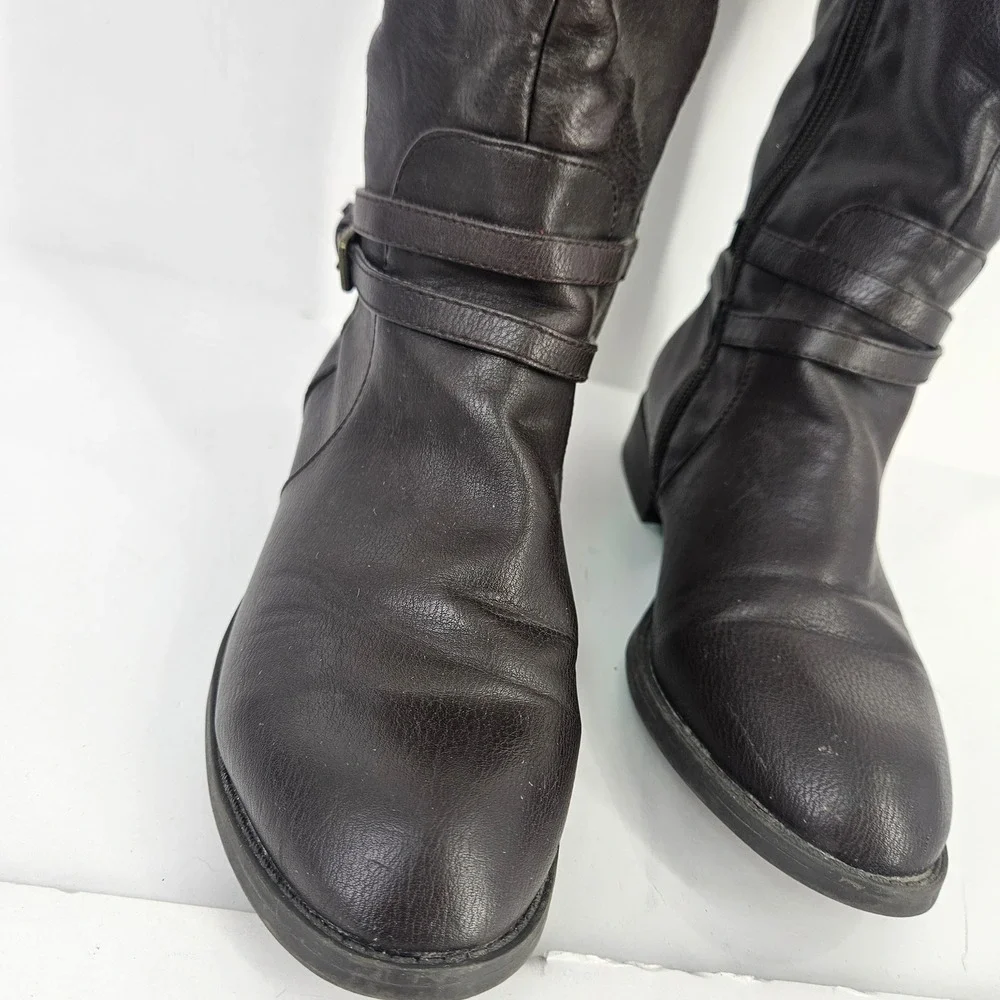 Brown Knee‎ High Tall Boots Women's Size 8 Side Zip Faux Leather Stretch Calf